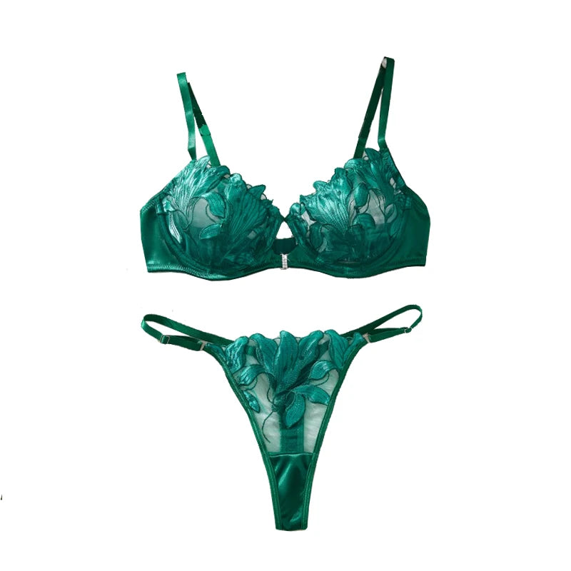 Floral Embroidery Sexy Lingerie Set Women Transparent Bralette Underwire Push Up Bra Panty 2 Piece Bra and Panty Set Underwear