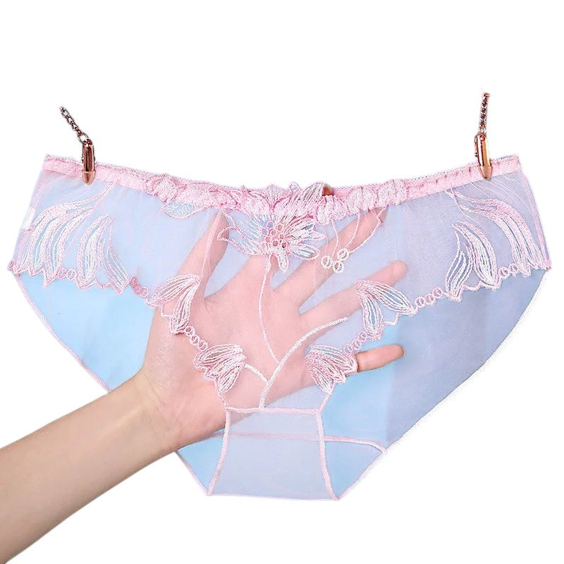 Sexy Lace Panties Briefs Mesh Hollow Flower Embroidery Low-Waist Transparent Female Lingerie Ultra-Thin Women Seamless Underwear