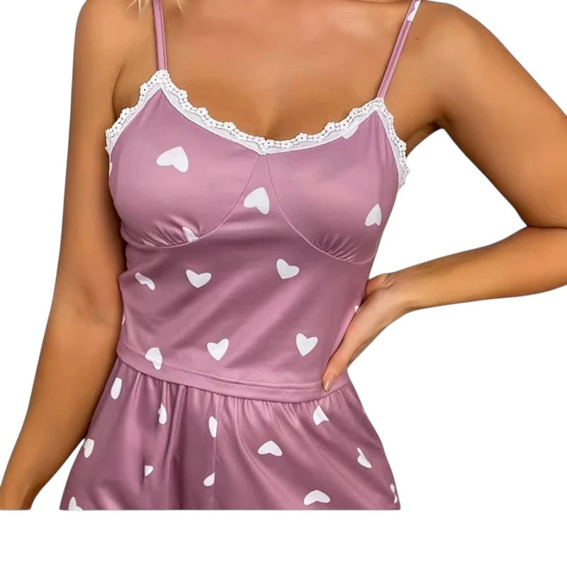 Women's Two-Piece Suspender Lace Lace Printed Top and Shorts Women's Casual Printed Pajama Set Sexy women's home clothing