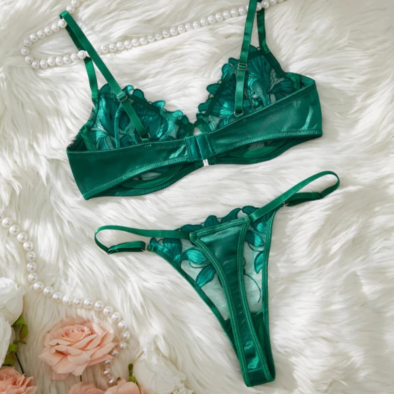 Floral Embroidery Sexy Lingerie Set Women Transparent Bralette Underwire Push Up Bra Panty 2 Piece Bra and Panty Set Underwear