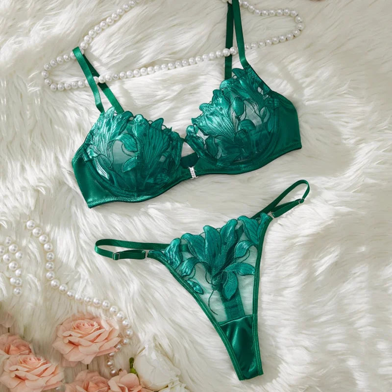 Floral Embroidery Sexy Lingerie Set Women Transparent Bralette Underwire Push Up Bra Panty 2 Piece Bra and Panty Set Underwear