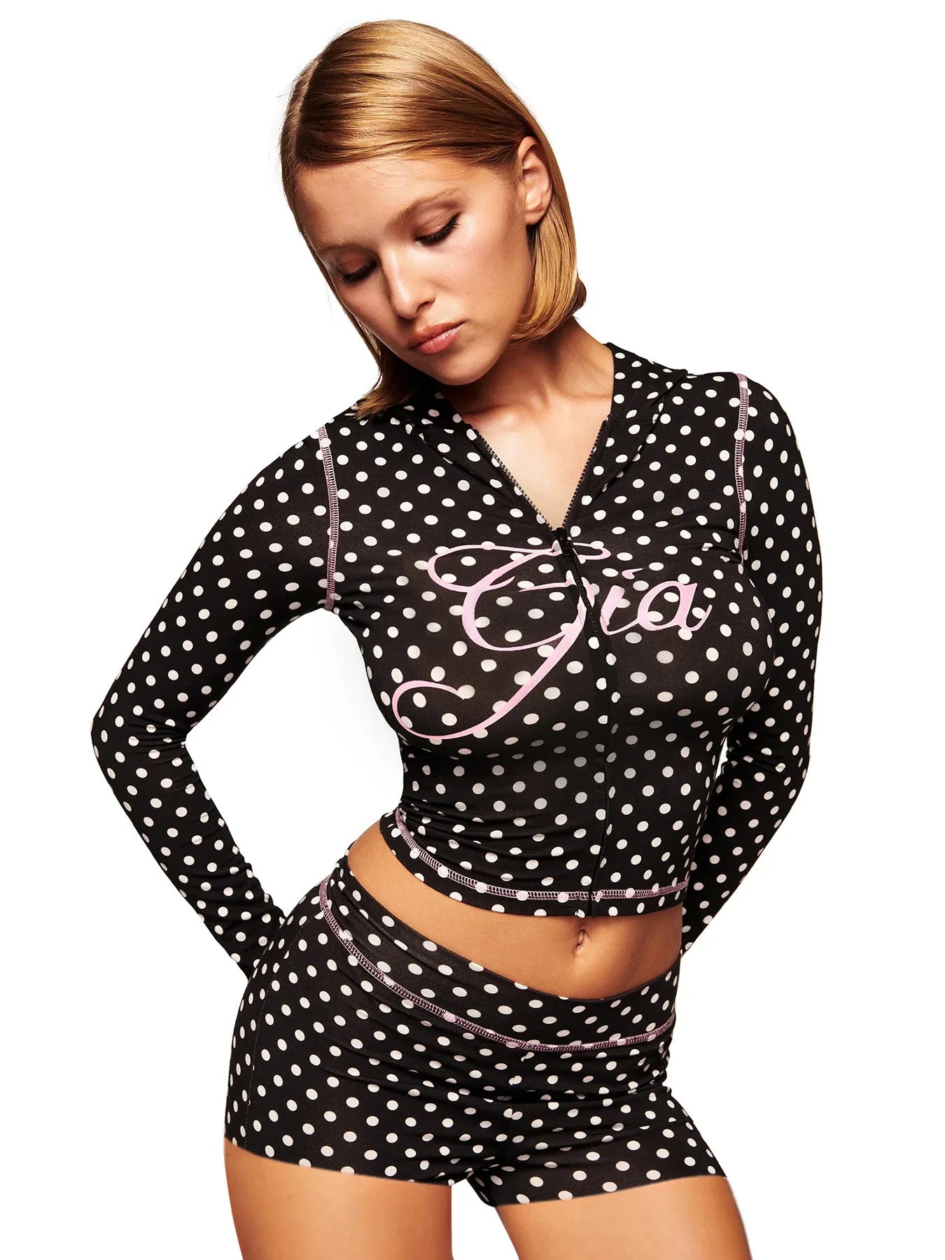 2026 European and American fashion women's printed hooded long sleeved shorts with thumb button and micro horn two-piece