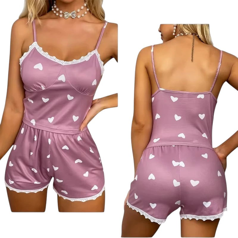 Women's Two-Piece Suspender Lace Lace Printed Top and Shorts Women's Casual Printed Pajama Set Sexy women's home clothing