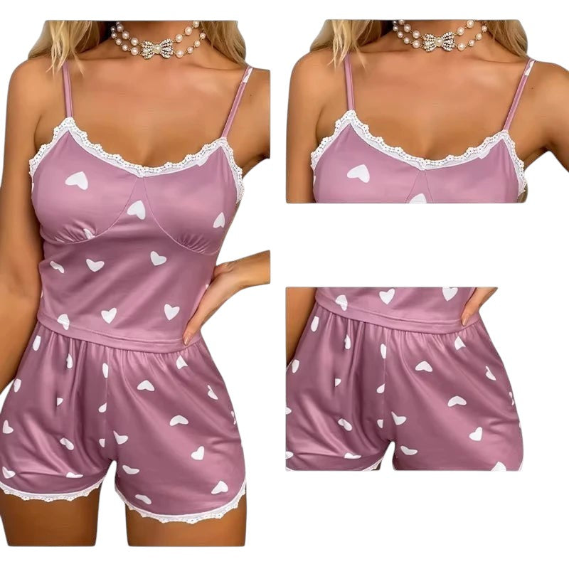 Women's Two-Piece Suspender Lace Lace Printed Top and Shorts Women's Casual Printed Pajama Set Sexy women's home clothing