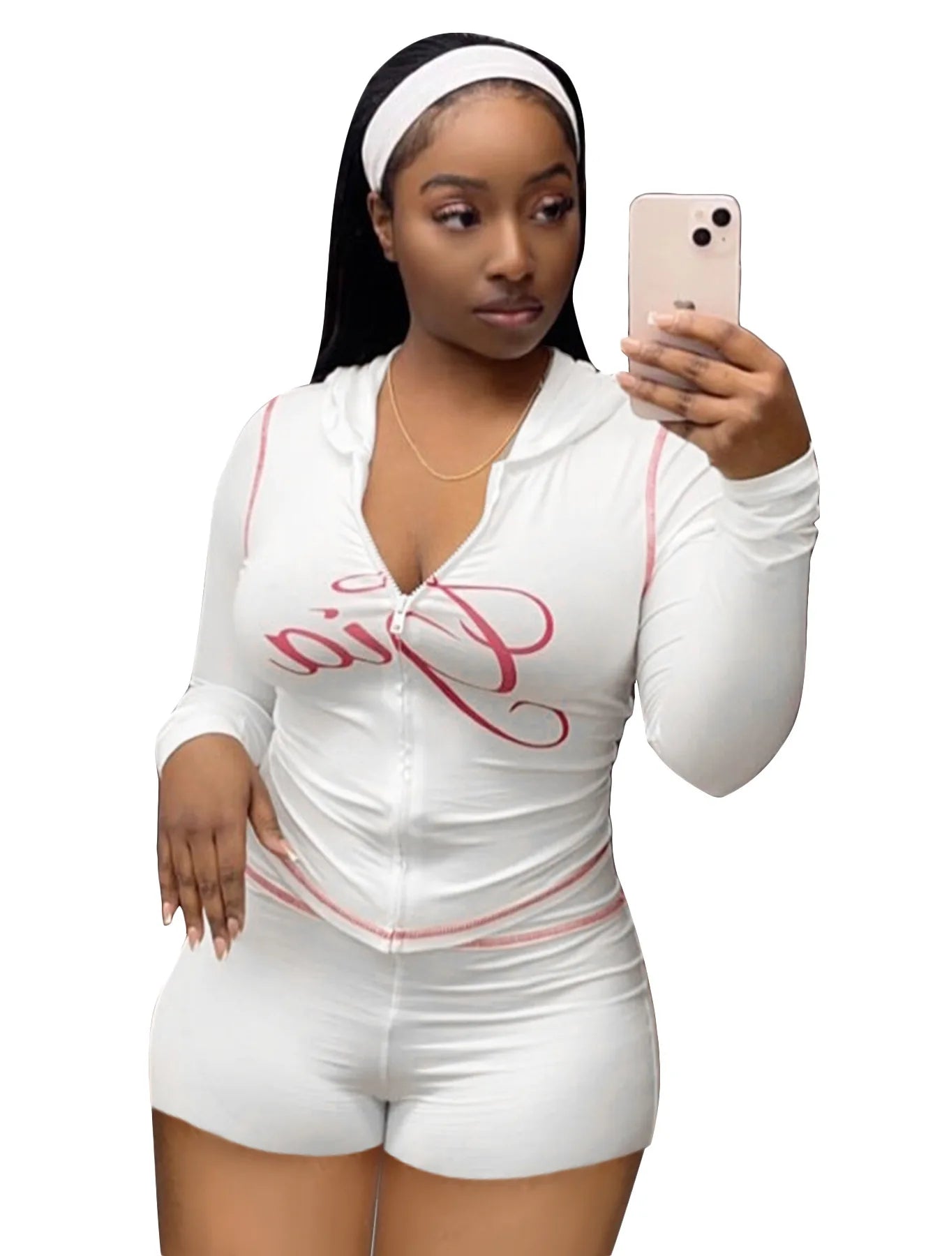2026 European and American fashion women's printed hooded long sleeved shorts with thumb button and micro horn two-piece