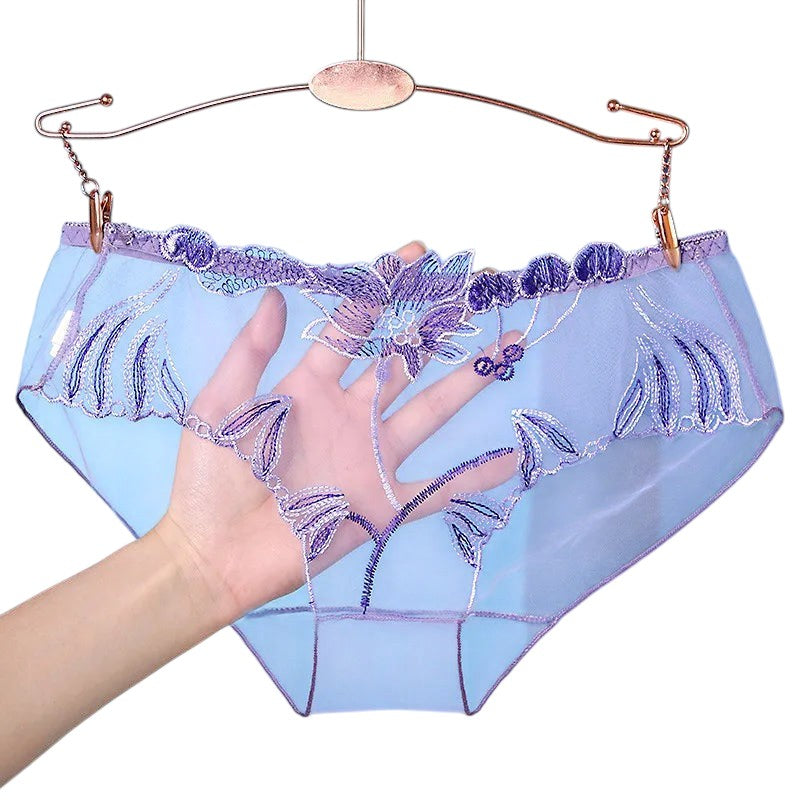 Sexy Lace Panties Briefs Mesh Hollow Flower Embroidery Low-Waist Transparent Female Lingerie Ultra-Thin Women Seamless Underwear