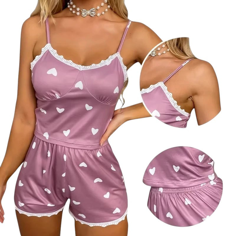 Women's Two-Piece Suspender Lace Lace Printed Top and Shorts Women's Casual Printed Pajama Set Sexy women's home clothing