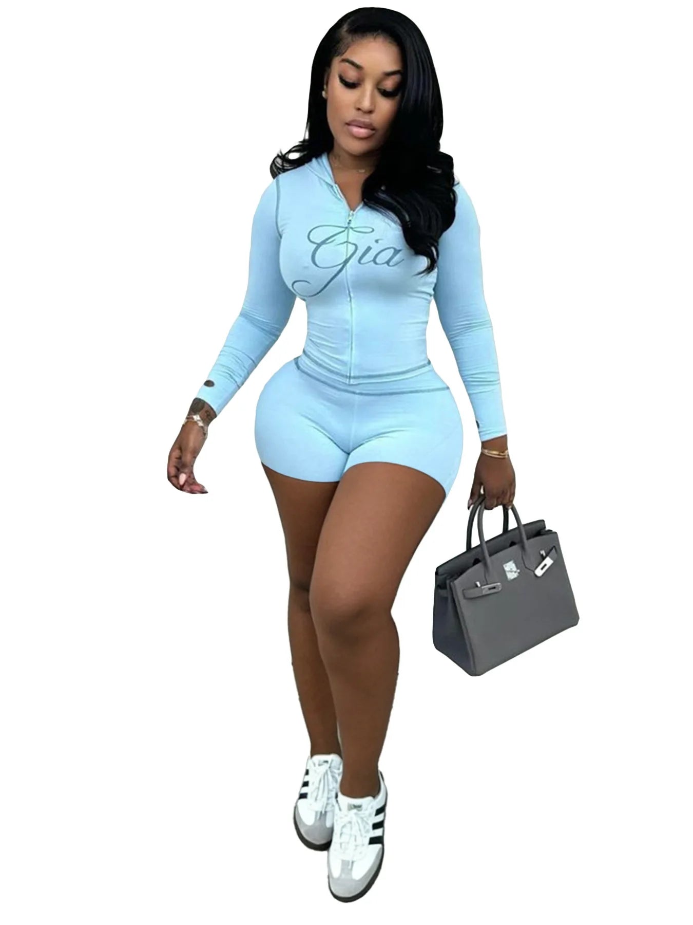 2026 European and American fashion women's printed hooded long sleeved shorts with thumb button and micro horn two-piece