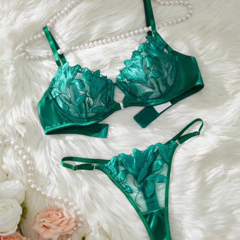 Floral Embroidery Sexy Lingerie Set Women Transparent Bralette Underwire Push Up Bra Panty 2 Piece Bra and Panty Set Underwear