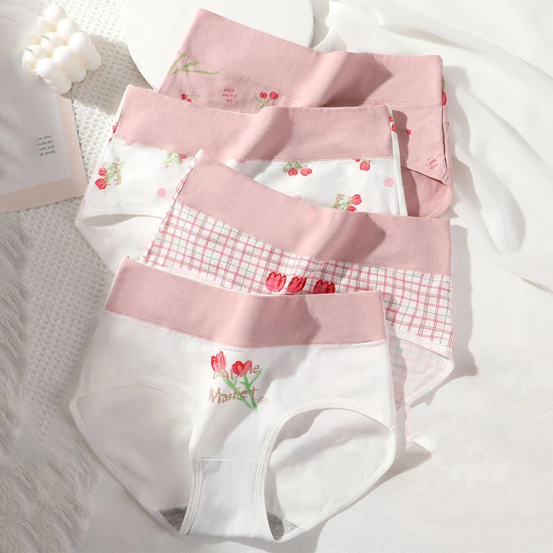 High Waist 4Pcs/Set Cotton Panties Women Body Slimming Underwear Breathable Cute Young Girls Briefs Female Lingerie