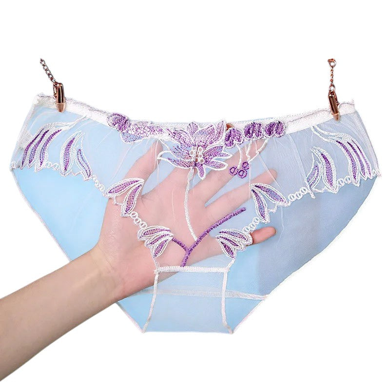 Sexy Lace Panties Briefs Mesh Hollow Flower Embroidery Low-Waist Transparent Female Lingerie Ultra-Thin Women Seamless Underwear