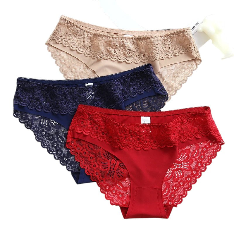 TrowBridge 3PCS/Set Women's Panties Lace Silk Satin Underwear Sexy Lingerie Soft Comfortable Female Briefs Sweet Cozy Underpants