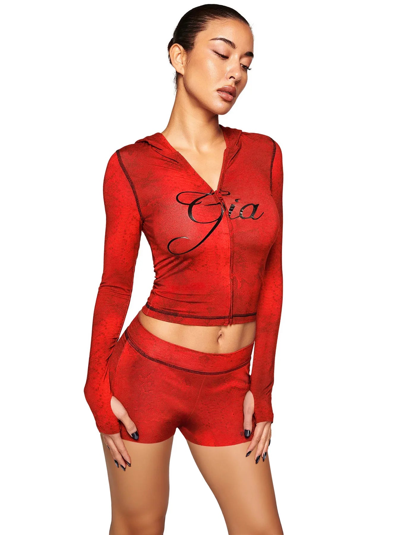 2026 European and American fashion women's printed hooded long sleeved shorts with thumb button and micro horn two-piece