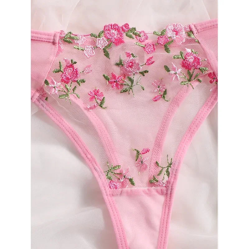 Lingerie Sexy Floral Embroidery Underwear Transparent Lace Short Skin Care Kits Delicate Fairy Set Woman 2 Pieces