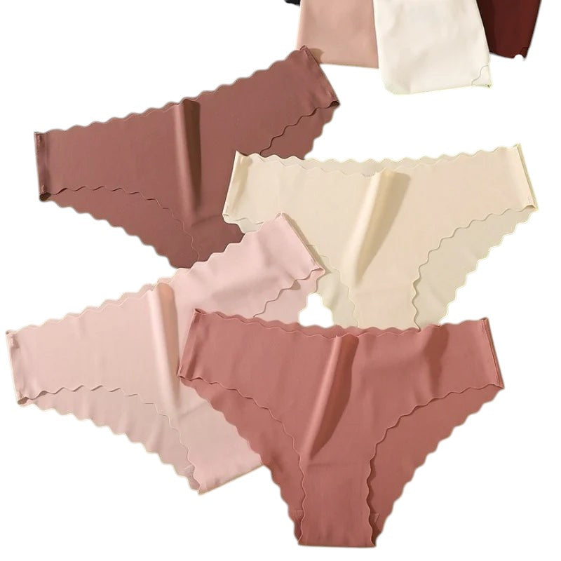 4Pcs/Set Ice Silk Mid-Rise Panties Women's Seamless Briefs Solid No Show Underwear Scalloped Edge Panties Sexy Lingerie XS-XL